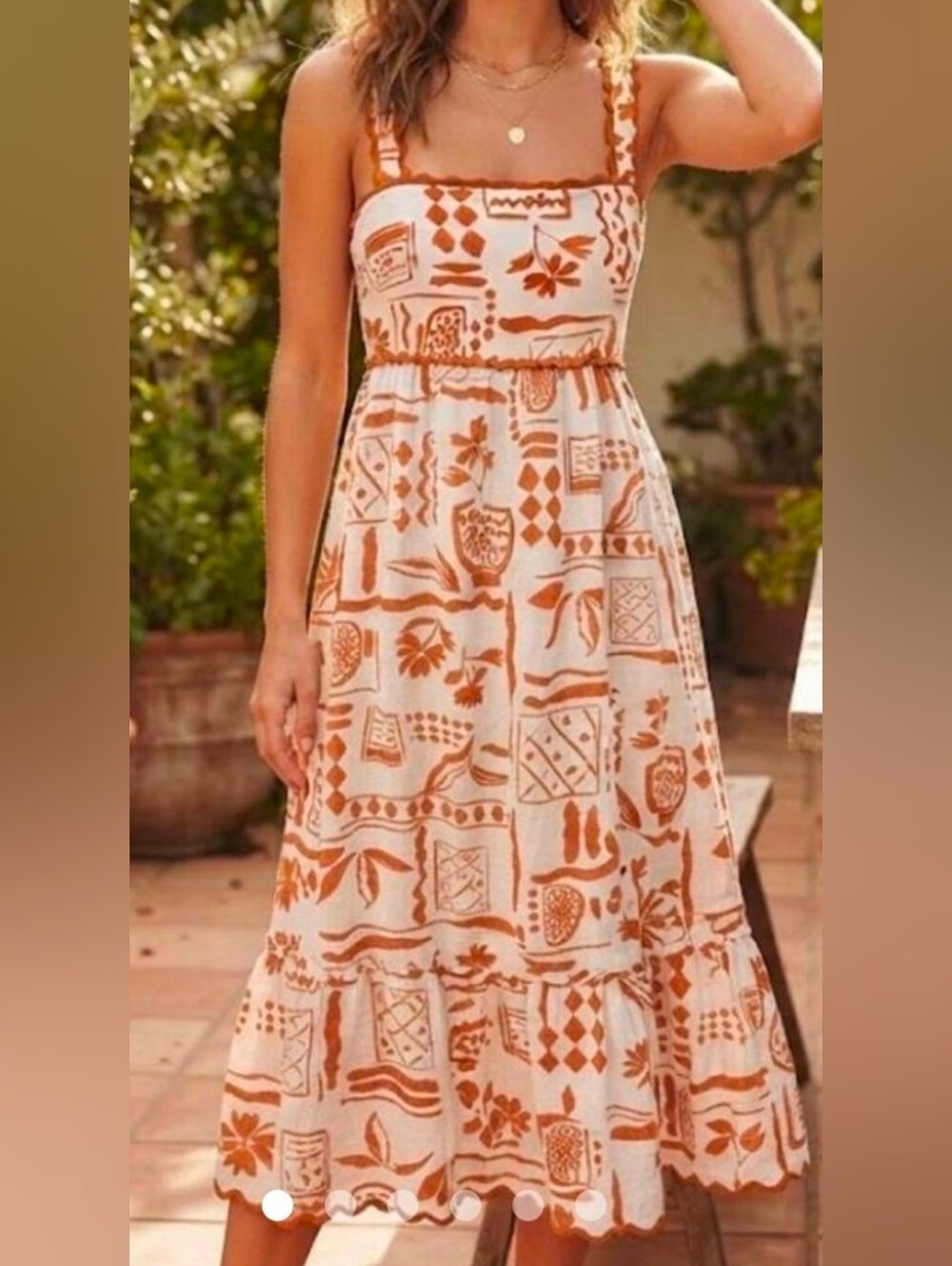 Calypso St. Barth Cream and Rust-Print Strap Maxi Sundress, Emphire Waist, NWT S